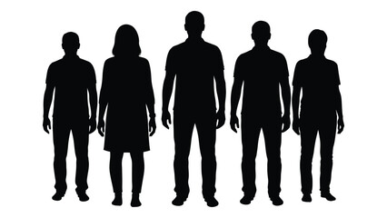 A group of five people standing in a row presented as a dark silhouette