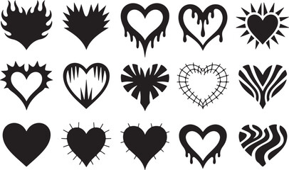 Heart tattoo Neo tribal set, gothic rock flame shape kit, vector u2k abstract love logo concept. Valentine punk retro sticker collection, neotribal web goth decoration. Stylised heart tattoo prints