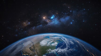 Obraz premium A breathtaking view of planet earth from space, illuminated by city lights and a cosmic galaxy