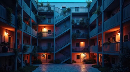 A view of an apartment building courtyard at dusk with warm interior lights creating a striking contrast