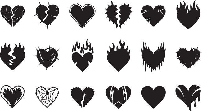 Heart tattoo gothic set, graffiti rock flame shape kit, vector u2k abstract love logo concept. Valentine punk retro sticker collection, neotribal web goth decoration. Dripping heart tattoo prints 