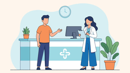 Patient talking to medical professional at clinic reception desk