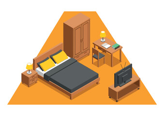 Cozy Bedroom Furniture Isometric View Bed, Wardrobe, Desk, TV