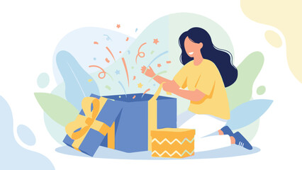 Happy woman opening a gift box with colorful confetti exploding out