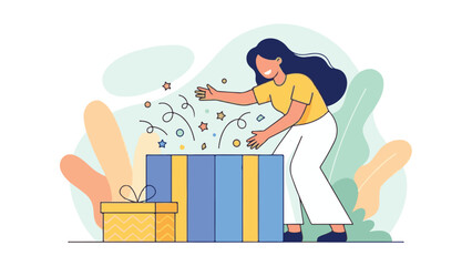 Happy Woman Opening a Festive Gift Box with Confetti and Surprises