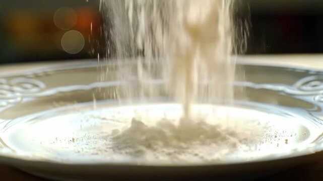 Flour being delicately sprinkled onto a decorative, pale plate