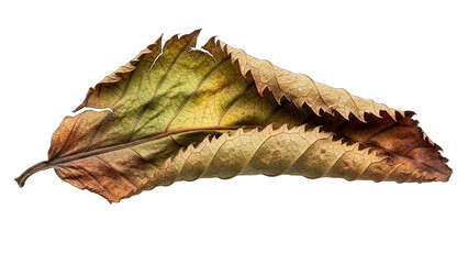 A single dried and curled autumn leaf with intricate textures.