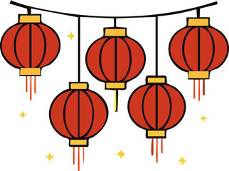 A flat festive illustration shows a string of red Chinese lanterns hanging against a dark background with small glowing sparkles, symbolizing Lunar New Year celebration.