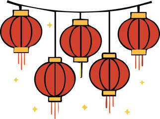 A flat festive illustration shows a string of red Chinese lanterns hanging against a dark background with small glowing sparkles, symbolizing Lunar New Year celebration.
