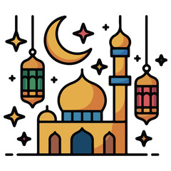 Beautiful ramadan celebration scene featuring mosque, lanterns, crescent moon and stars