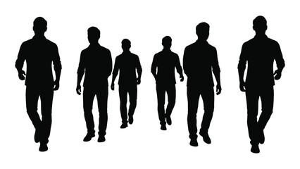 A group of men walking forward depicted as dark shapes against a white background silhouette