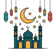 Beautiful ramadan celebration scene featuring mosque, lanterns, crescent moon and stars