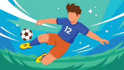 Dynamic football player in blue jersey kicking a soccer ball in mid-air