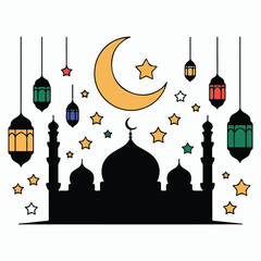 Beautiful ramadan celebration scene featuring mosque, lanterns, crescent moon and stars