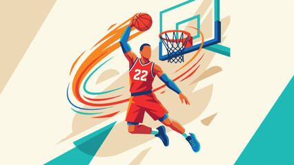 Dynamic vector illustration of a basketball player performing a slam dunk © StockStudio