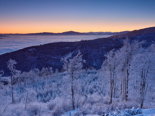 Beskidy, Schronisko Szyndzielnia. Wchód słońca / świt na Szyndzielni. Inwersja, mgły,  © filozofgrecki