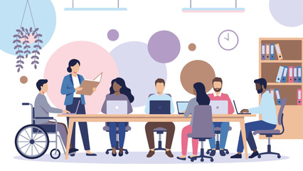 Diverse business team collaborating in an inclusive modern office setting