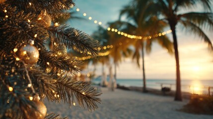 Christmas tree decorating tropical beach at sunset
