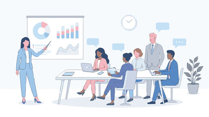 Business team meeting, woman presenting data and charts to diverse colleagues