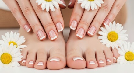 Elegant french manicure and pedicure with delicate daisy accents for a luxurious spa experience