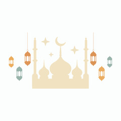 Fototapeta premium Beautiful ramadan celebration scene featuring mosque, lanterns, crescent moon and stars