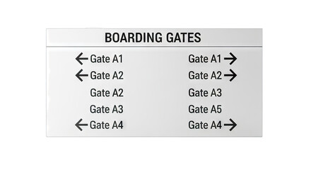 Airport Boarding Gates Signage with Arrows and Gate Numbers for Passenger Navigation.