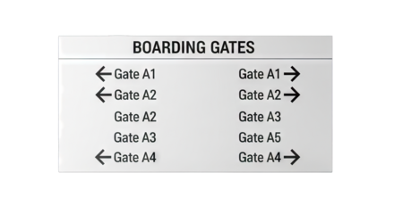 Airport Boarding Gates Signage with Arrows and Gate Numbers for Passenger Navigation.
