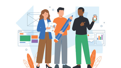 Diverse team collaborating on digital design, web development, and data analysis