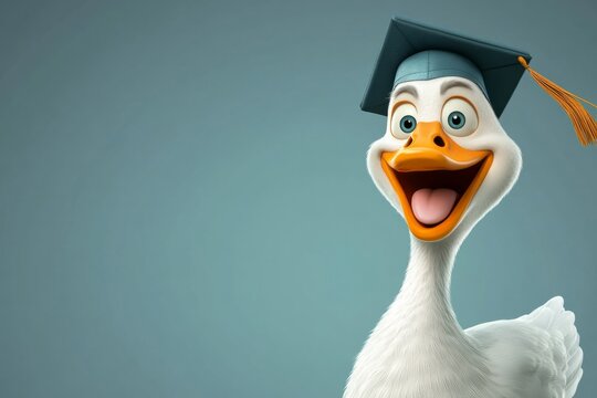 Cartoon goose wearing a graduation cap and smiling broadly, copy space