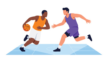 Two male basketball players competing on a court with a ball