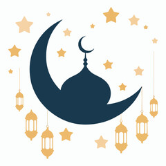 Beautiful ramadan celebration scene featuring mosque, lanterns, crescent moon and stars