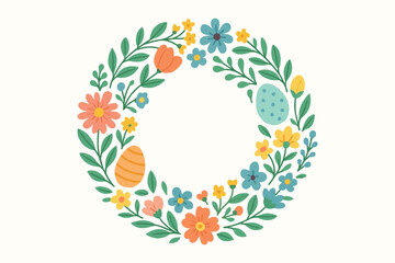 A beautiful spring floral wreath illustration with colorful easter eggs and vibrant flowers