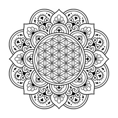 Circular pattern in form of mandala with "Flower of Life" for Henna, Mehndi, tattoo, decoration. Decorative ornament in ethnic oriental style. Outline doodle hand draw vector illustration.