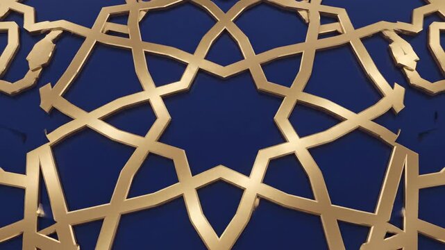 Golden Islamic geometric pattern background with 3D arabesque ornament on blue for Ramadan