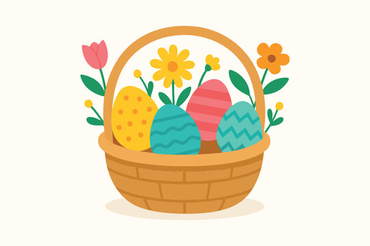 A colorful illustration of a festive easter basket filled with decorated eggs and spring flowers