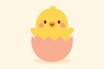 A cute yellow chick hatches from a pink eggshell, perfect for spring and easter designs