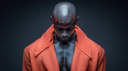 Man in orange coat, adorned head piece