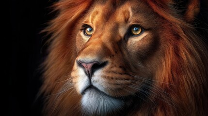 Majestic lion portrait against a dark background.  Close-up view of a lion's head and shoulders