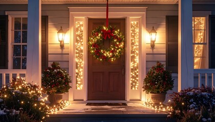 Cozy holiday porch scene with festive wreath, lights, and planters at twilight