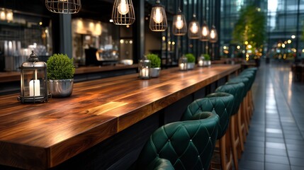 Modern cafe bar with wooden counter and dark green barstools