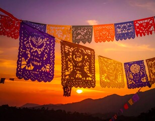 Vibrant, colorful paper flags silhouetted against a sunset sky