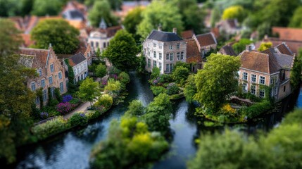 Miniature European town with canals and lush greenery.  A picturesque aerial view of charming, small buildings nestled amongst winding waterways and vibrant landscaping