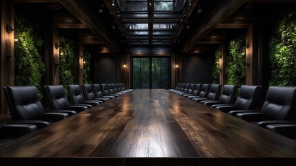 Modern conference room with wooden table and black chairs. Lush greenery decorates the walls, creating a serene atmosphere.  Large windows offer a view of a natural setting