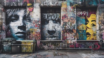 Fototapeta premium Murals of faces and vibrant graffiti cover the walls of a city alley. Trash bins sit in front of the art. The scene shows urban creativity and expression during the day.