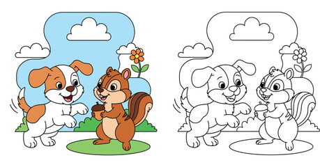 Cute cartoon puppy dog playing with chipmunk holding acorn vector illustration. Happy animal friends in nature garden with flower and clouds for children book or nursery art. © MstSangita
