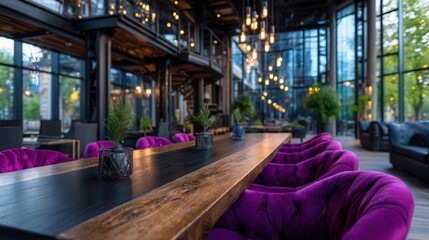 Modern industrial cafe with large windows