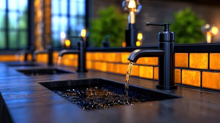 Modern restroom sinks with running water