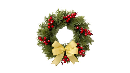Christmas Wreath with Green Fir Branches, Red Berries, and a Gold Bow: Isolated Transparent Holiday Decoration