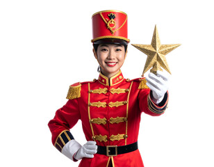 Woman in festive red uniform holding gold star, smiling with a black background
