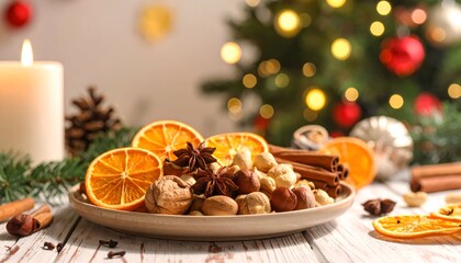 Festive table with nuts, oranges, spices, candle, & decorated tree background